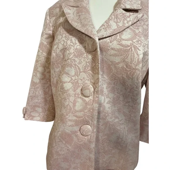 VTG Linea Domani Skirt Suit Womens 14 Pink Floral Jacquard 2pc Blazer Set Y1299 - Picture 2 of 10
